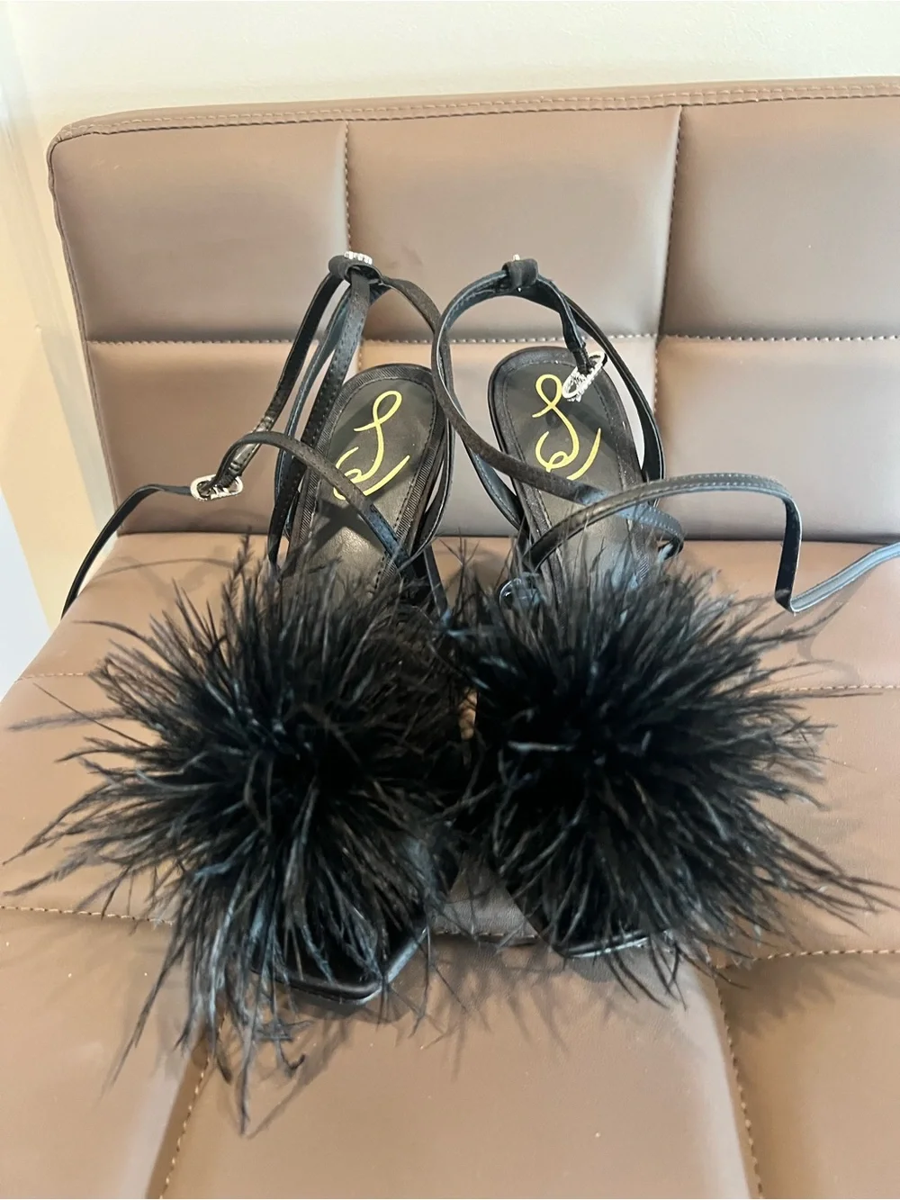 Sam Edelman Black Feather Pom-Pom Strappy Heels - Elegant Evening Sandals